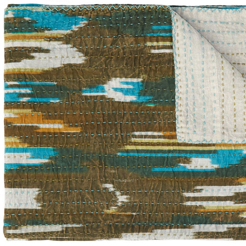HomeRoots 50" X 70" Brown And Blue Ikat Cotton Quilted Kantha Throw Blanket with Embroidery image number 2