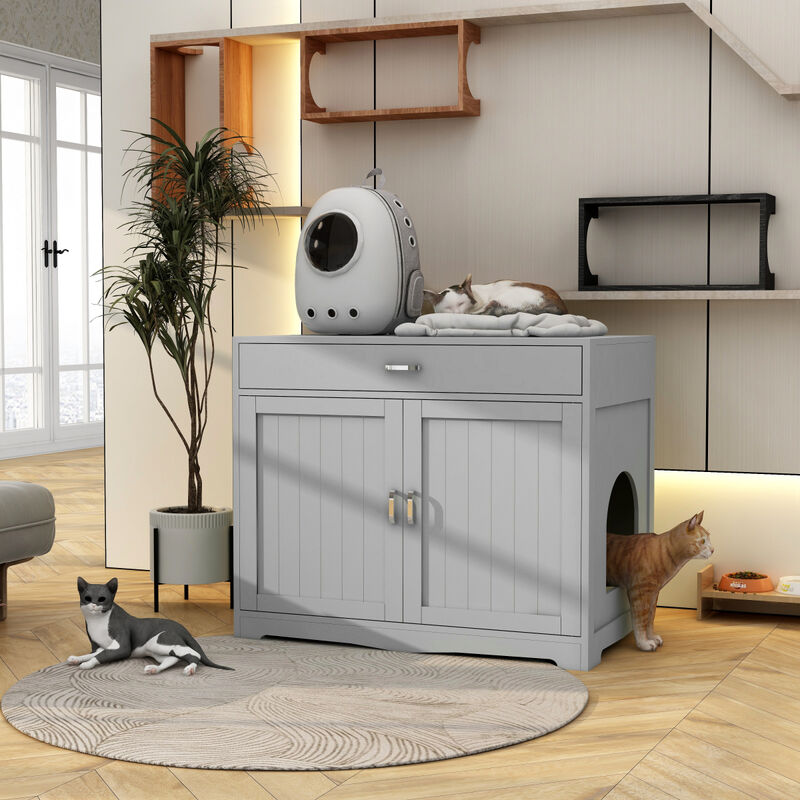 Litter Box Enclosure, Cat Litter Box Furniture with Hidden Plug, 2 Doors, Indoor Cat Washroom Storage Bench Side Table Cat House, Large Wooden Enclosed Litter Box House, Grey
