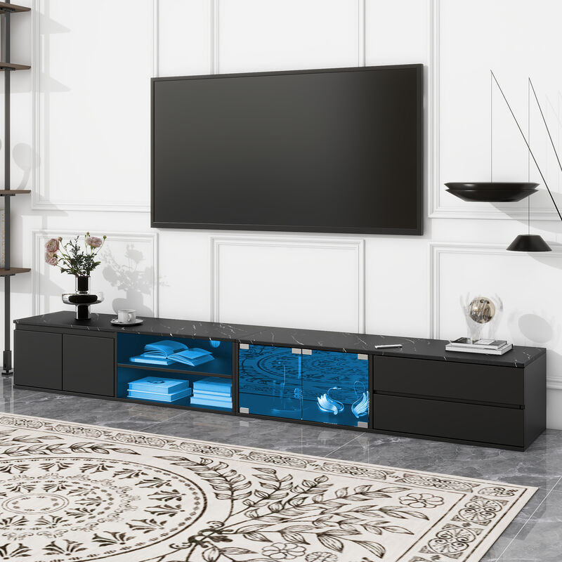 Clihome Modern APP Controlled LED TV Stand for TVs Up to 105'', Faux Marble Tabletop Media Console with Tempered Glass Doors, Entertainment Center with 2 Drawers & Cabinets for Living Room image number 1