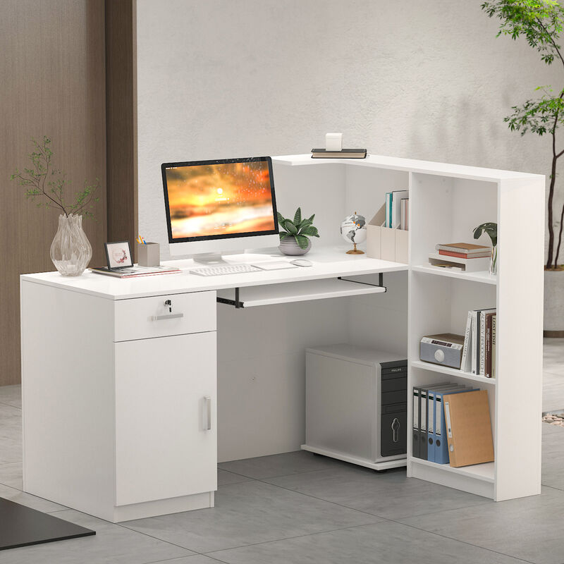 55.1 in. W -43.3 in. H White MDF L-Shaped Computer Desk with a Desktop 3-Storage Shelves 1-Drawer and 1-Cabinet