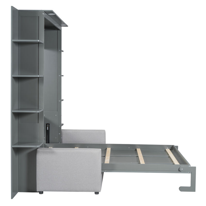 Whisen Modern Design Wood Frame Queen Size Murphy Bed Wall Bed with Sofa and Shelves - Grey