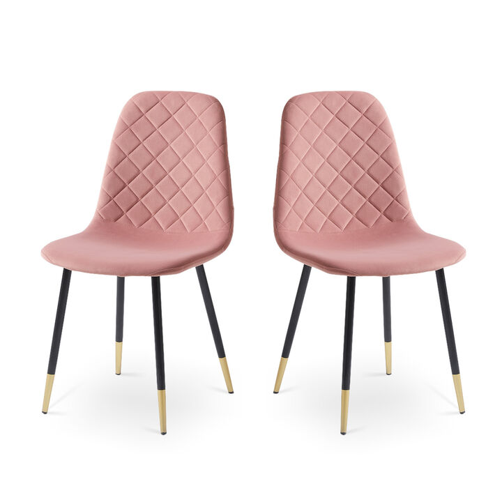 Pink Velvet Tufted Accent Chairs with Golden Color Metal Legs, Modern Dining Chairs for Living Room, Set of 2