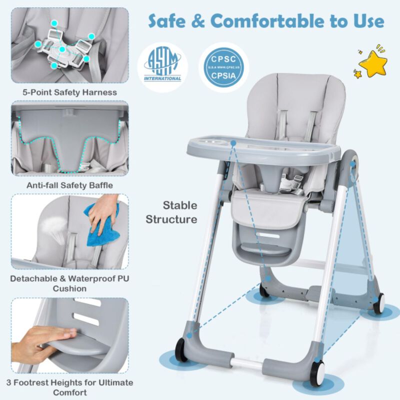 Hivvago Baby Folding Convertible High Chair with Wheels and Adjustable Height