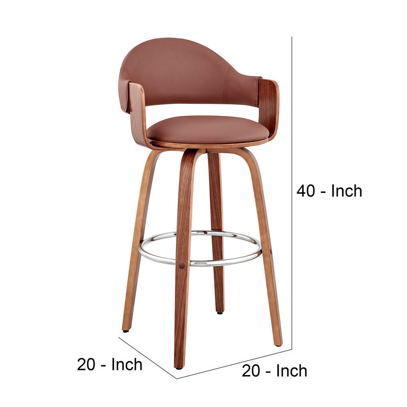 30 Inch Leatherette Barstool with Curved Cushioned Back, Brown