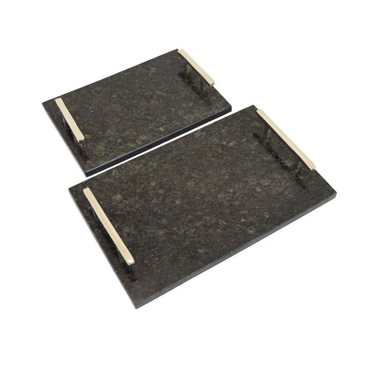 Entro Tray Set of 2, Rectangular Shape, 2 Gold Handles, Black Finish Marble - Benzara