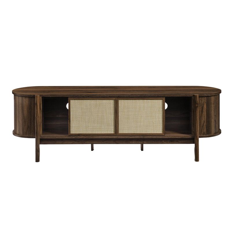 Modway Reid 61 Inch TV Stand in Walnut - Curved Oval Media Console with Rattan Sliding Doors and Open Shelves - Mid-Century Modern Entertainment Center for Flat Screen TVs up to 68&rdquo; image number 7