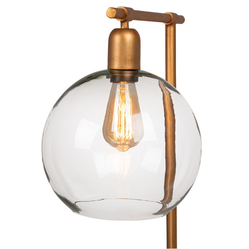 Metal Floor Lamp with Glass Globe Shade, Antique Brass and Wood image number 2