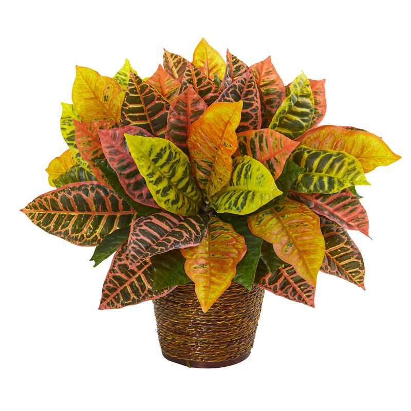 Hivvago 17" Garden Croton Artificial Plant in Basket (Real Touch)