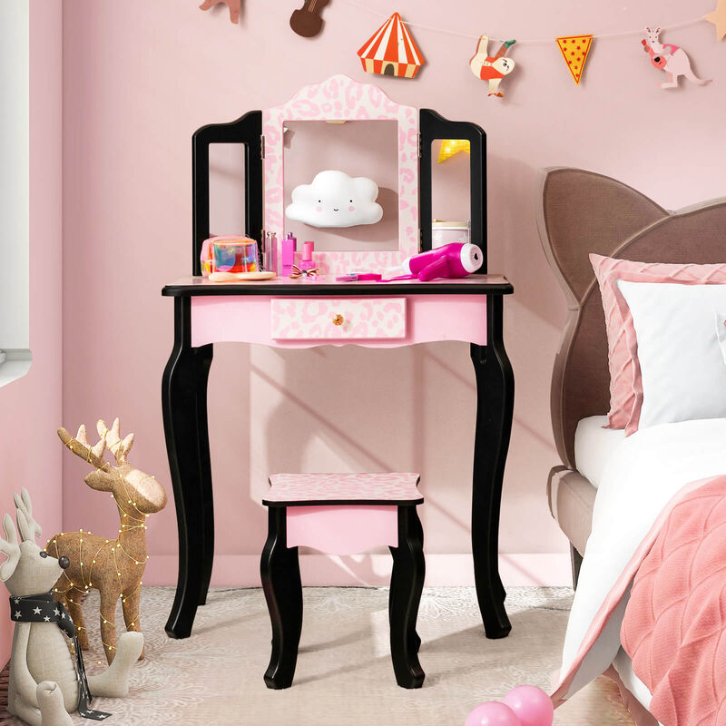 Kid Vanity Set with Tri-Folding Mirror and Leopard Print-Pink
