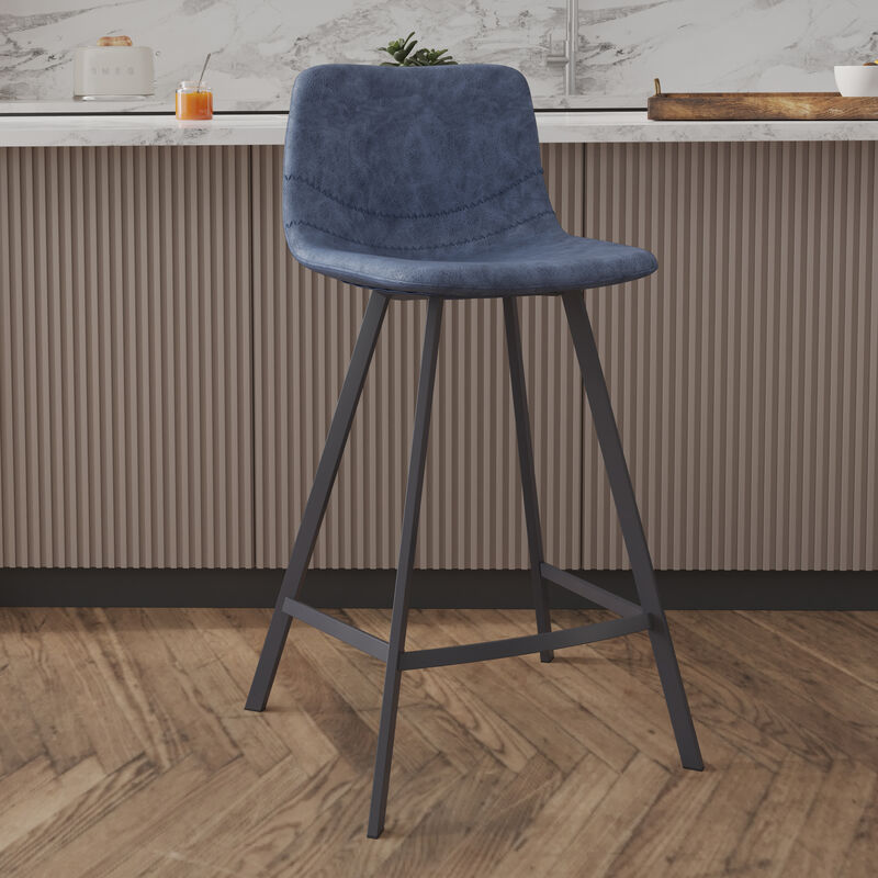 Elland Modern Upholstered Leather Bar Stool With Black Iron Legs & Footrest