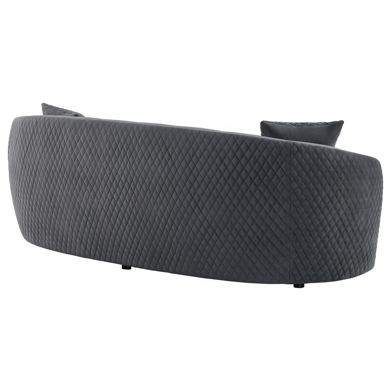 Buo Curved Sofa, 92 Inch, Dark Gray Polyester, Gold Trim, 3 Pillows - Benzara