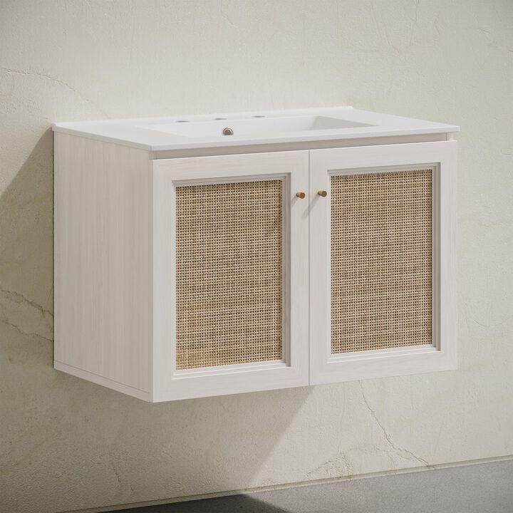 30" Wall-Mounted Bathroom Vanity, White Oak, Widespread Faucet Holes Vanity Top