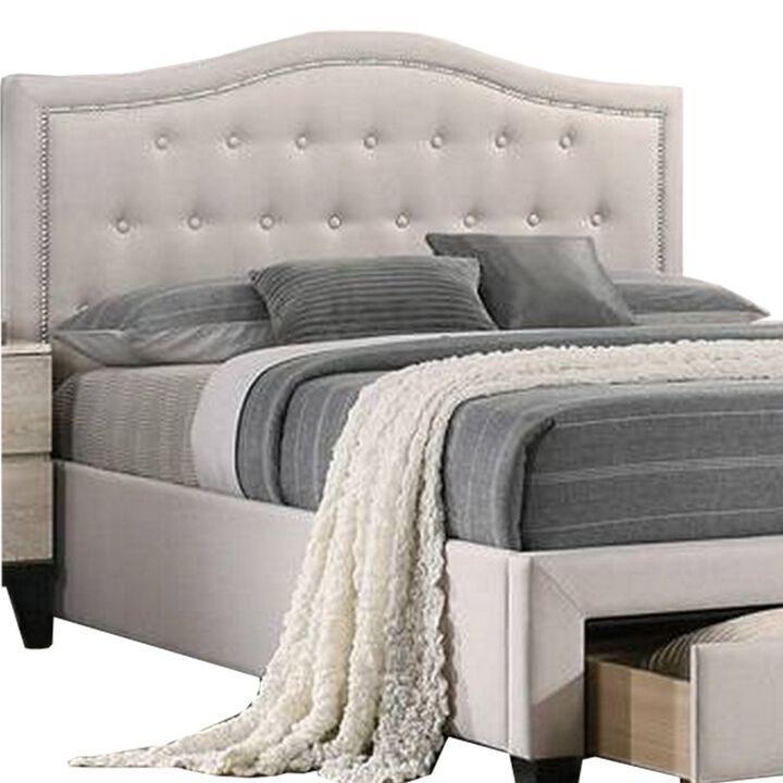 Buk Upholstered Tufted Queen Bed with Storage, Nailhead Trim, Ivory Burlap  - Benzara