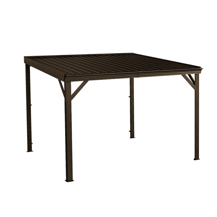 10X10FT Wall Mounted Gazebos Pergola with Built in Drainage System, Galvanized Steel Roof Hardtop Patio Shelter, Gray