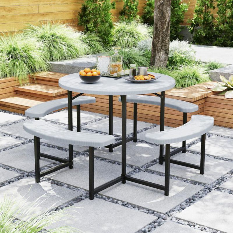 Hivvago Round Picnic Table Bench Set with 4 Benches and Umbrella Hole for Patio Lawn