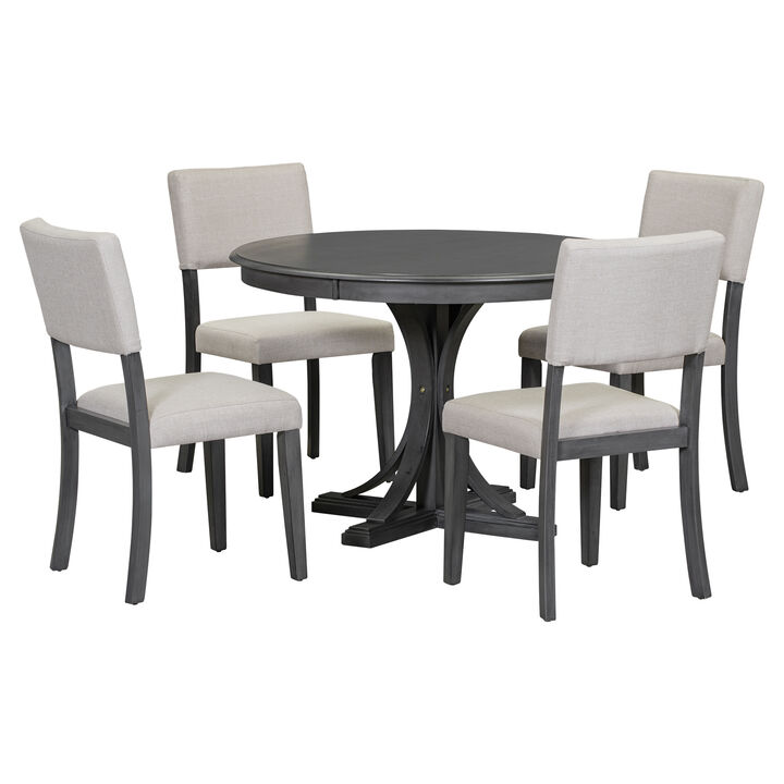 5-Piece Retro Round Dining Table Set with Curved Trestle Style Table Legs and 4 Upholstered Chairs for Dining Room (Dark Gray)