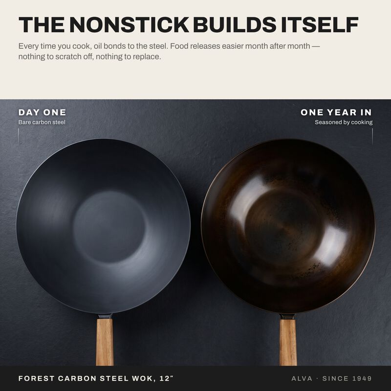 Alva Forest Naturally Nonstick Carbon Steel Wok Pan 12" - Acacia Wood Handle, Pre-Seasoned and Made without PFAS, PFOA & PTFE - Induction and All Stovetop Compatible with Even Heat Distribution image number 5