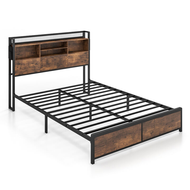 Bed Frame with 3-Tier Bookcase Headboard and Charging Station