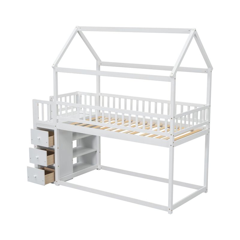 Whisen Twin Over Twin House-shaped Bunk Bed with Shelves, Drawers and Fence Guardrails