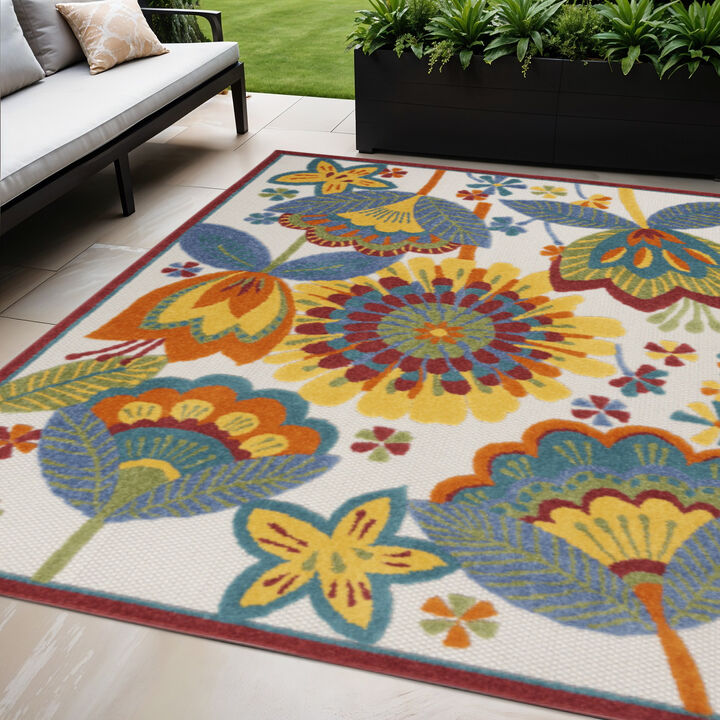HomeRoots 5' X 8' Ivory Blue Orange Red And Yellow Floral Indoor Outdoor Area Rug