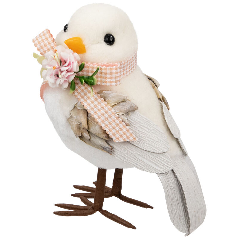 Plush Bird with Gingham Bow Easter Figurine - 7" - Beige