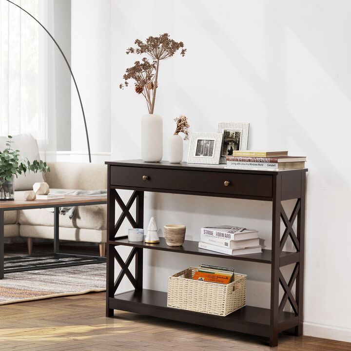 Console Table 3-Tier with Drawer and Storage Shelves