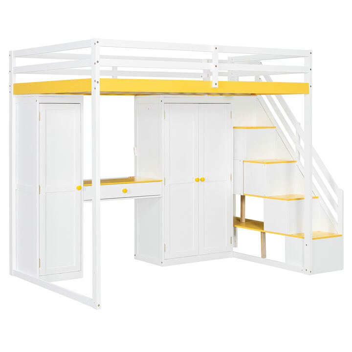 Merax Full Size Loft Bed with Staircase, Dressing Table, Wardrobe, 3-Tier Cabinet