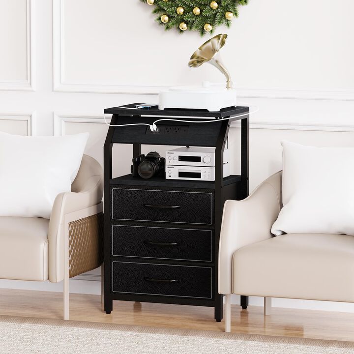 SZLHANJZ End Table with 3 Drawers, Nightstand with Charging Station and LED Lights, Small Fabric Dresser for Bedside, Storage Si
