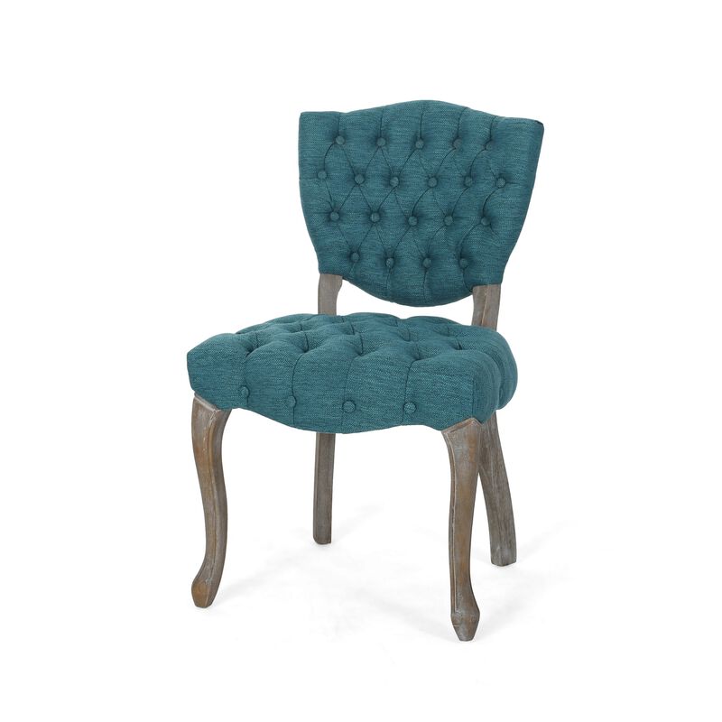 Dining Chair Set of 2, Button Tufted Teal Fabric Design, Rubberwood - Benzara