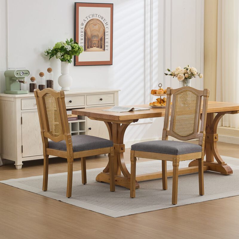 Set of 2 Solid Wood Rattan-Back Dining Chair, Matte Linen Cushion with High-Resilience Foam image number 2