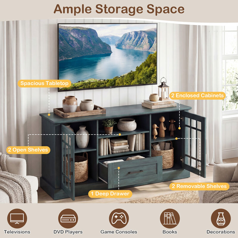 TV Console Stand with Glass Doors, Cubbies, and Storage Drawer image number 5