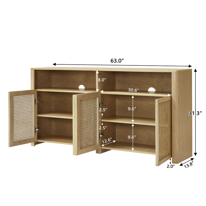 TATEUS 63" Mid Century Rattan Media Console, Retro Coffee Wine Bar Buffet Cabinet Large Credenza Storage image number 3
