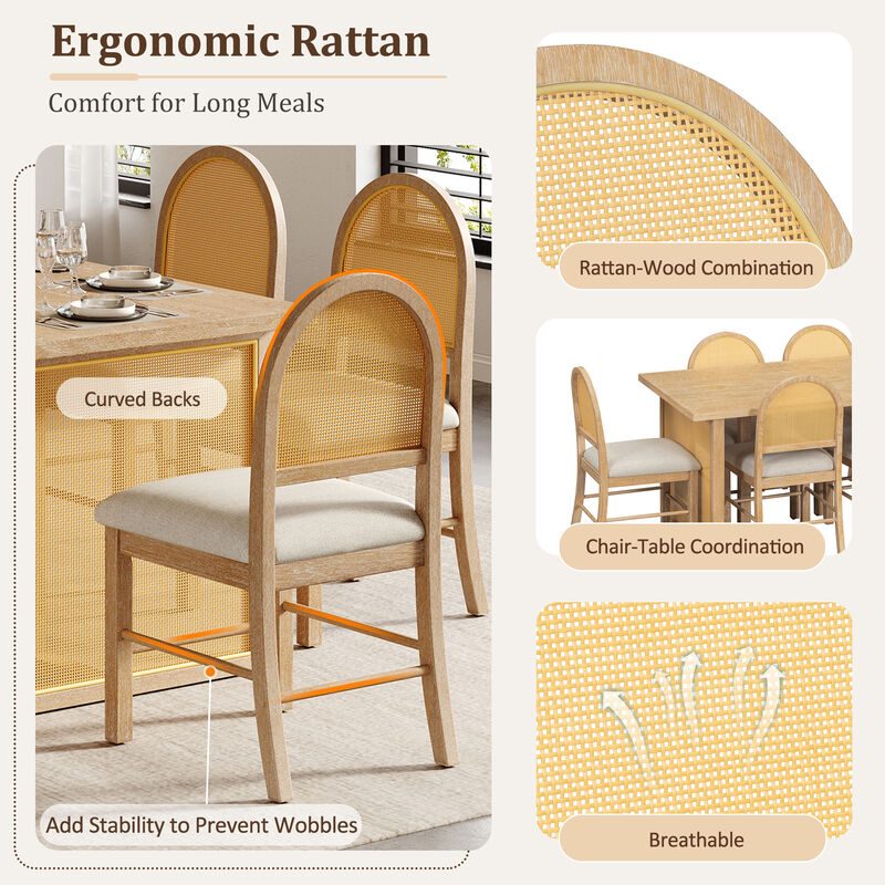 Merax 7-Piece Farmhouse Dining Set with Rattan Chairs