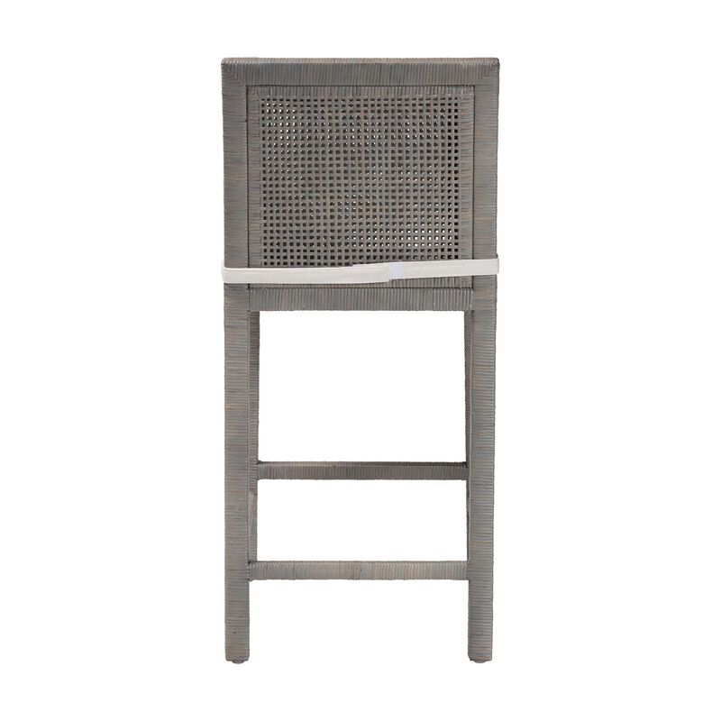 bali & pari Sofia Rattan Counter Stool with Mahogany Wood Frame - Handwoven Wicker Counter Height Chair with Cushion, Coastal Boho Style Kitchen Island Seating, French Grey
