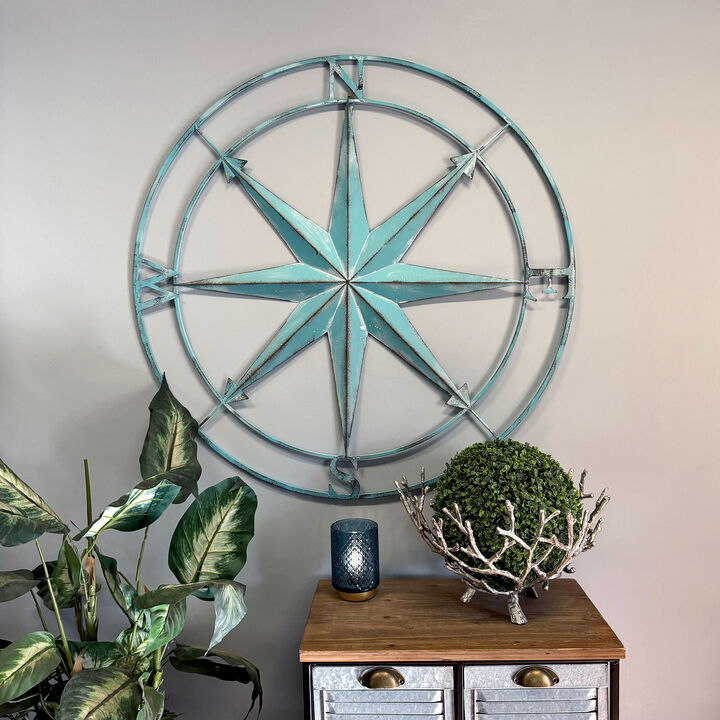 39 inch Aqua Metal Compass Rose Wall Decor Distressed Nautical Coastal Art