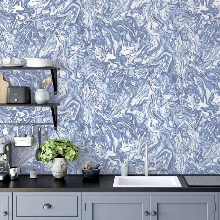 Osgood Navy Marbled Wallpaper (Set of 2)