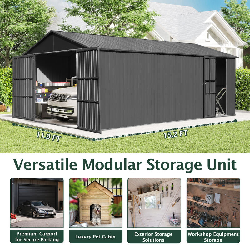 Mondawe 12x15FT Outdoor Metal Garage Shed, Extra Large Metal Carport with Lockable Double Hinged Doors image number 8