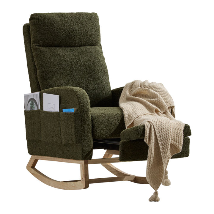Upholstered Modern Rocking Chair with Solid Wood Legs and Ergonomic High Backrest
