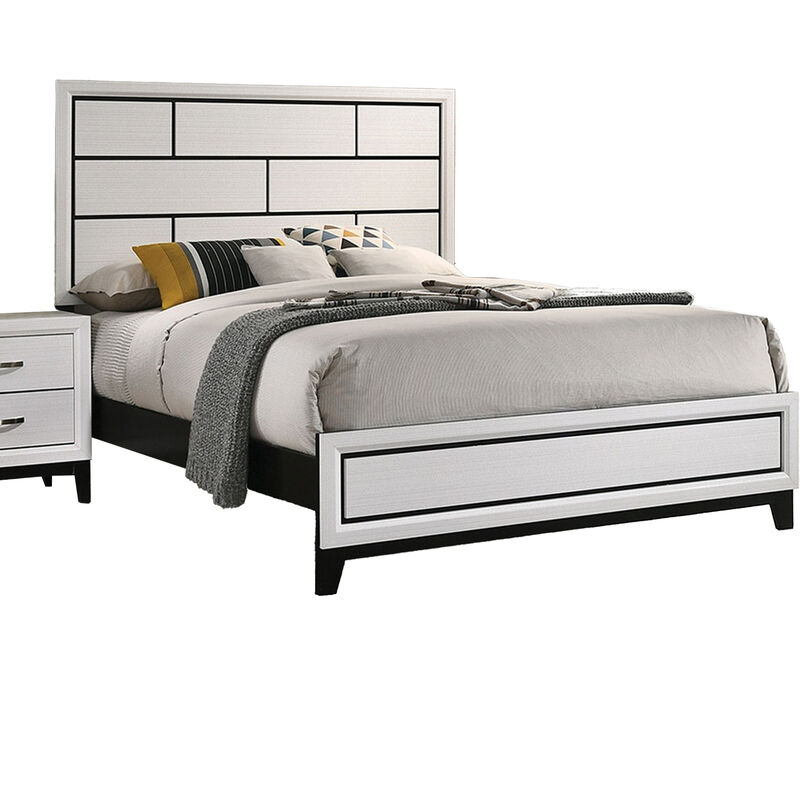 Erica King Size Bed, White and Black Wood Finish, Panel Style Headboard - Benzara