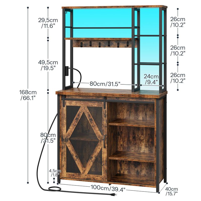 Microwave Stand Bakers Rack with Storage Cabinet, LED Lights and Outlet-Brown image number 2