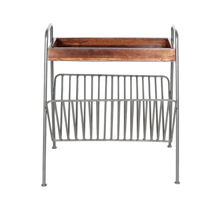 25 Inch Rectangular Metal Frame Side Table, Magazine Rack, Mango Wood Tray Top, Brown, Pewter Gray-Benzara