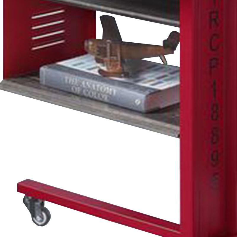 Accent Table with Metal Cargo Style and 3 Caster Wheels, Red-Benzara