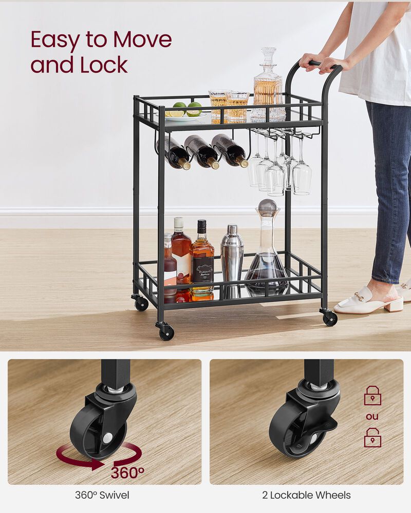 2-Tier Mirrored Bar Cart – Elegant Home Serving Trolley with Glass Shelves and Wheels for Dining or Living Room