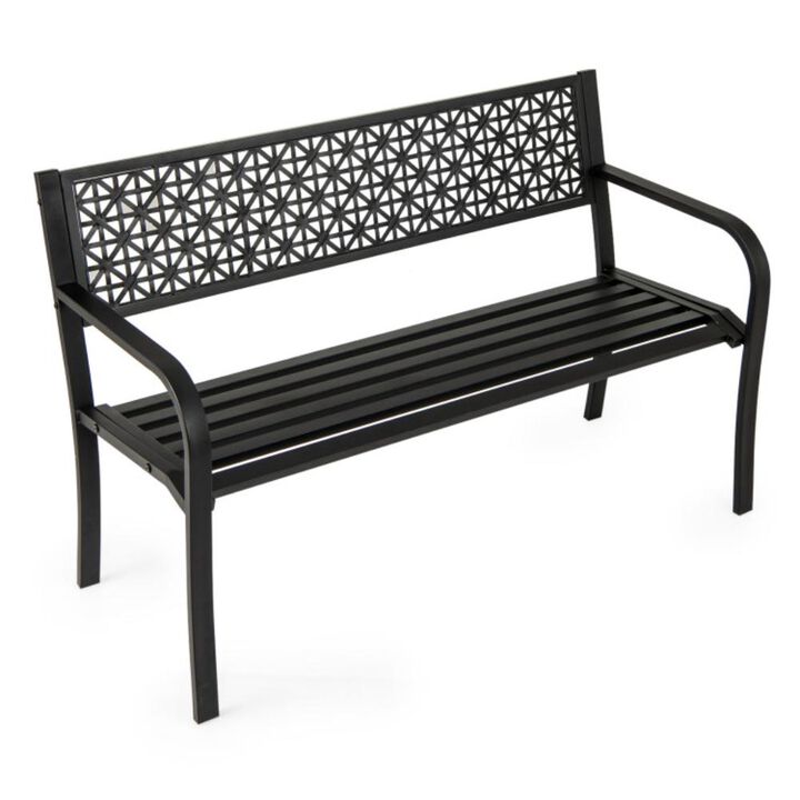 Hivvago 50 Inch Garden Bench with Patterned Backrest and Curved Armrests for 2-3 Person