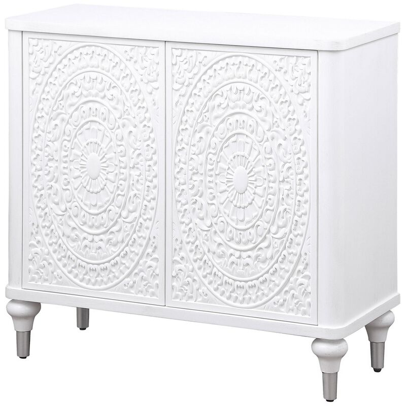 Cardi Accent Cabinet, 2 Medallion Carved Doors, 36 Inch Classic White - Benzara