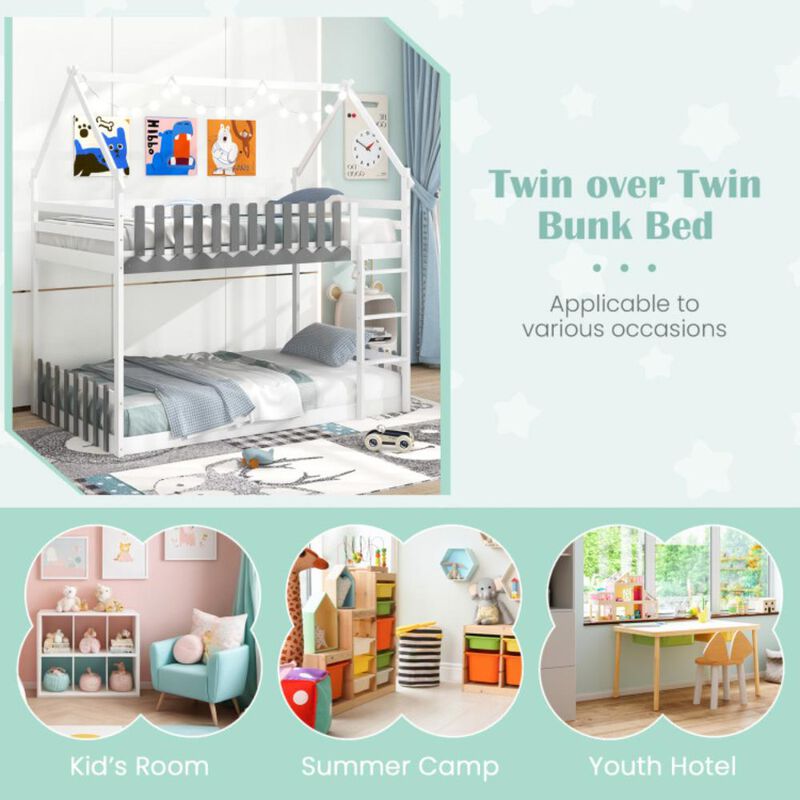 Hivvago Twin Over Twin Bunk Bed with Fence and Ladder for Kids