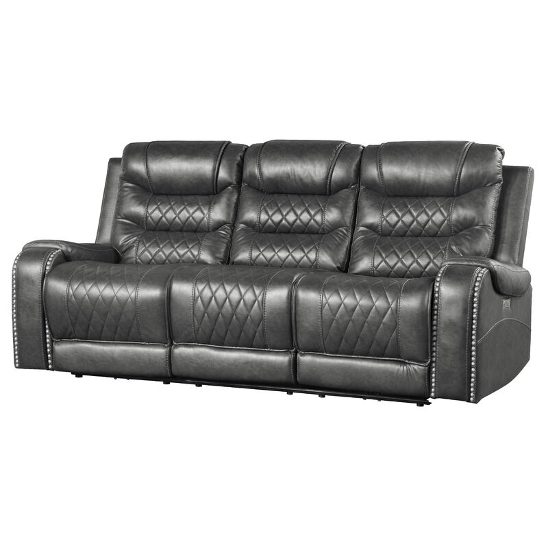 Paul Power Recliner Sofa, 87 Inch, Gray Faux Leather, Drop Down Table - Benjara image number 4