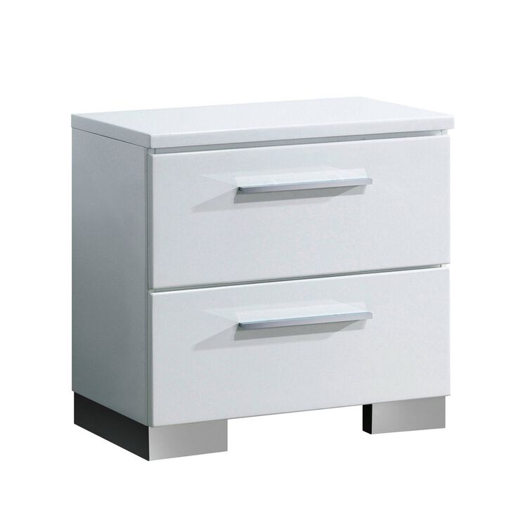 2 Drawer Wooden Nightstand with Metal Pulls, Glossy White-Benzara