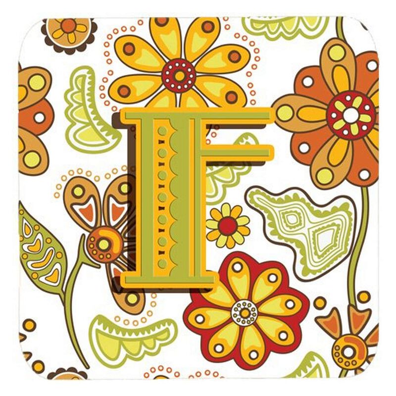 Caroline's Treasures CJ2003-FFC Letter F Floral Mustard and Green Foam Coasters (Set of 4), 3.5, Multicolor