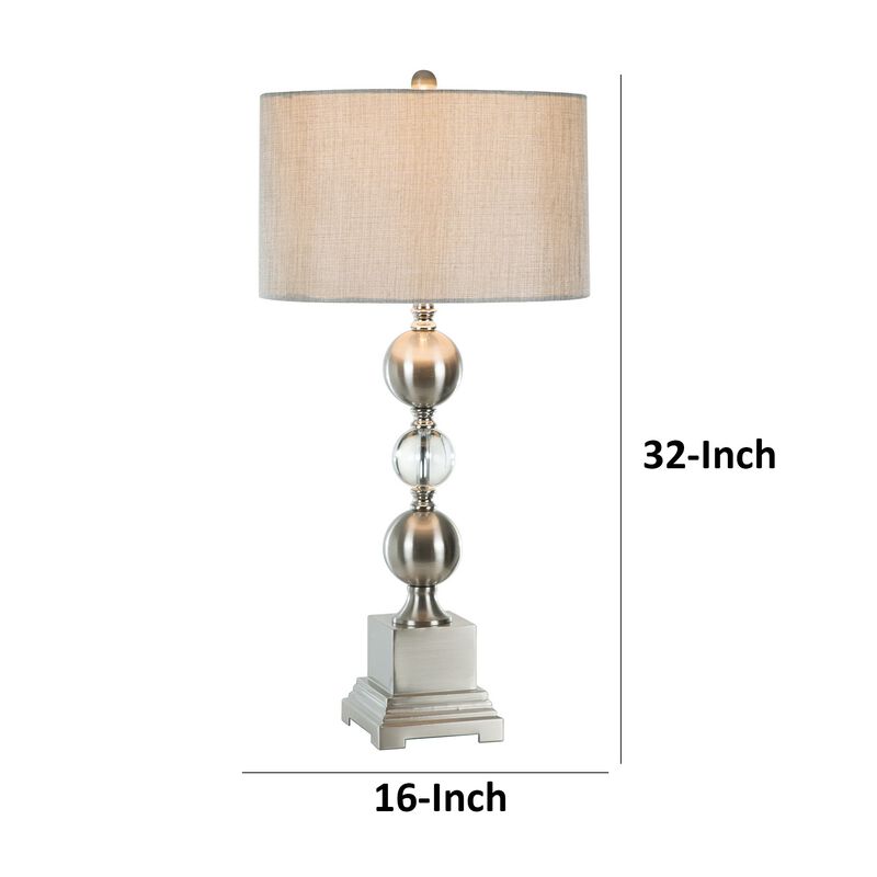32 Inch Table Lamp Set of 2, Drum Fabric Shade, Nickel Pedestal Base-Benzara